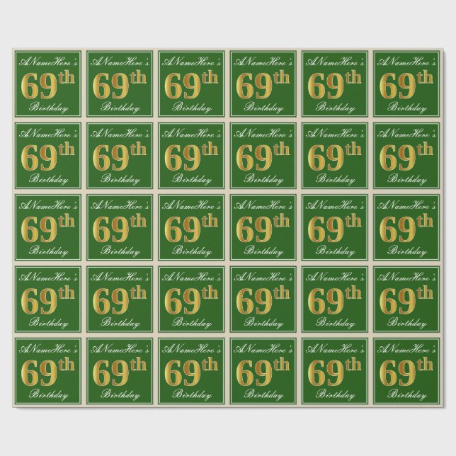 Papier Cadeau Elégant, Vert, Faux Or 69ème Anniversaire + Nom (Plat)