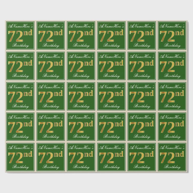 Papier Cadeau Elégant, Vert, Faux Or 72ème Anniversaire + Nom (Plat)