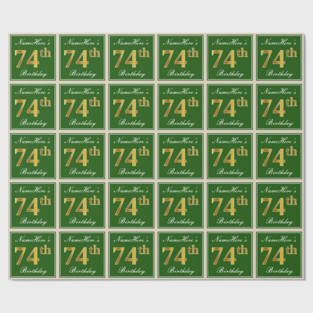 Papier Cadeau Elégant, Vert, Faux Or 74ème Anniversaire + Nom (Plat)