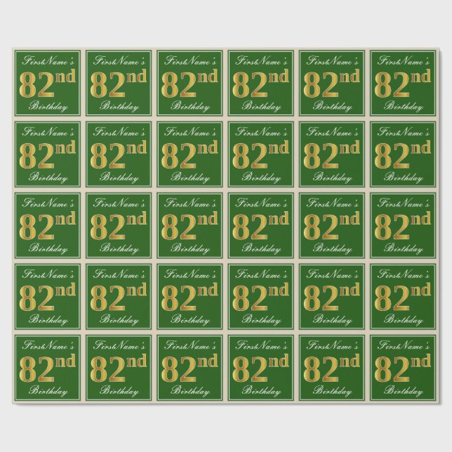 Papier Cadeau Elégant, Vert, Faux Or 82ème Anniversaire + Nom (Plat)