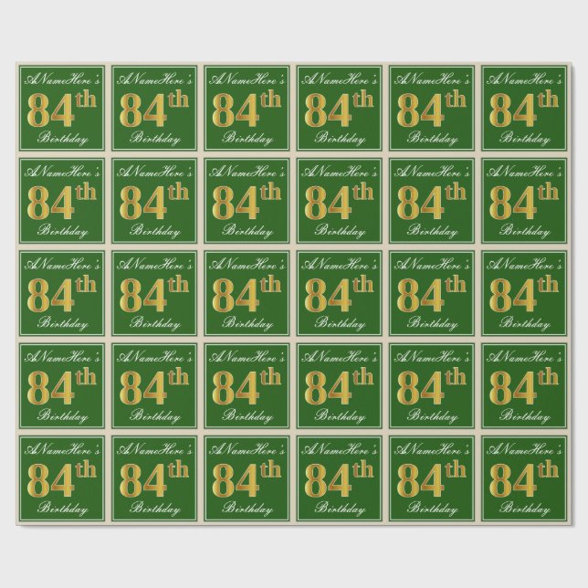 Papier Cadeau Elégant, Vert, Faux Or 84ème Anniversaire + Nom (Plat)