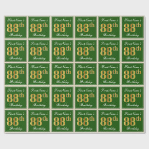 Papier Cadeau Elégant, Vert, Faux Or 88ème Anniversaire + Nom