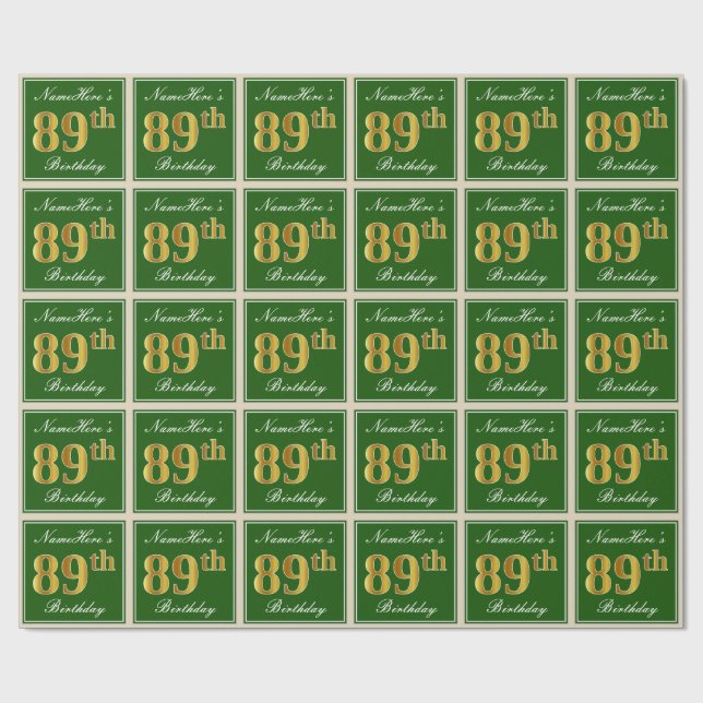 Papier Cadeau Elégant, Vert, Faux Or 89ème Anniversaire + Nom (Plat)