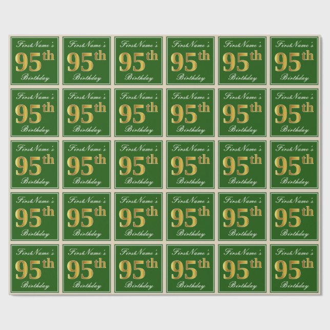 Papier Cadeau Elégant, Vert, Faux Or 95ème Anniversaire + Nom (Plat)