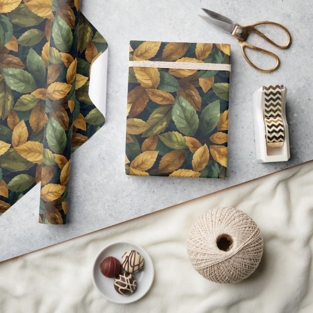 Papier Cadeau Elégant vert poussiéreux feuilles de chute jaune o (Artisanat)