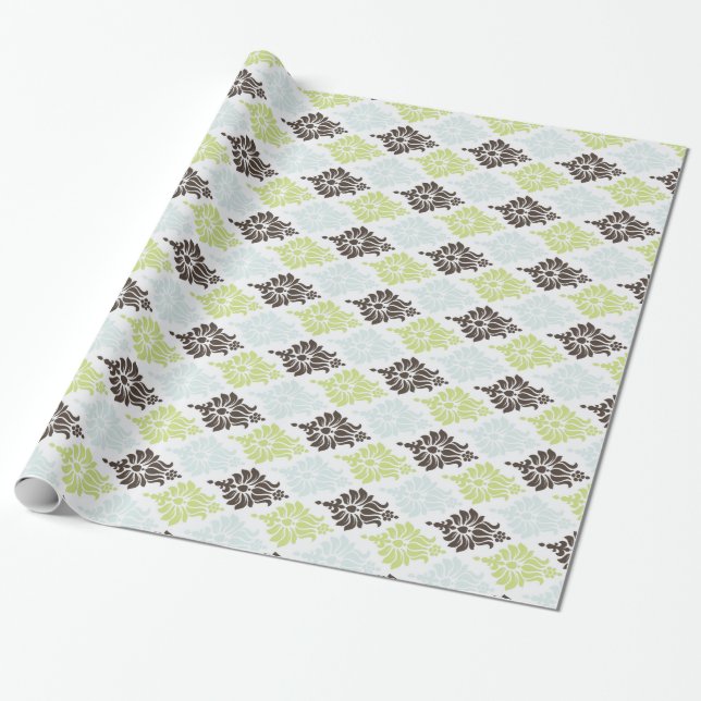Papier Cadeau Elégant vert turquoise brun damassé motif (Déroulé)