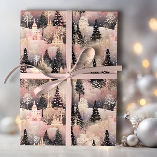 Papier Cadeau Élégant village de Noël rose et noir