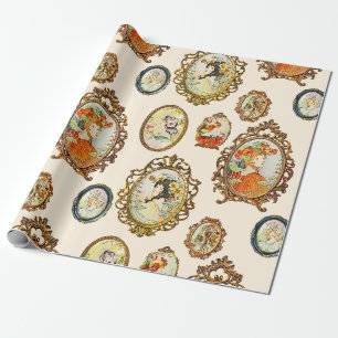 Papier Cadeau Elégant Vintage Art Nouveau Filles Cadres Fleurs
