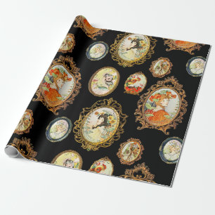 Papier Cadeau Elégant Vintage Art Nouveau Filles Cadres Fleurs