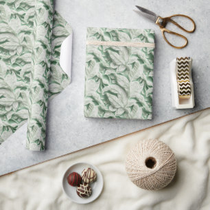 Papier Cadeau Élégant vintage blanc vert motif de feuille botani