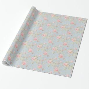 Papier Cadeau élégant vintage, bleu-clair, rose, motif de rose
