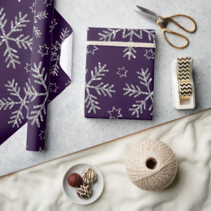 Papier Cadeau Élégant violet et flocons de neige argenté Noël