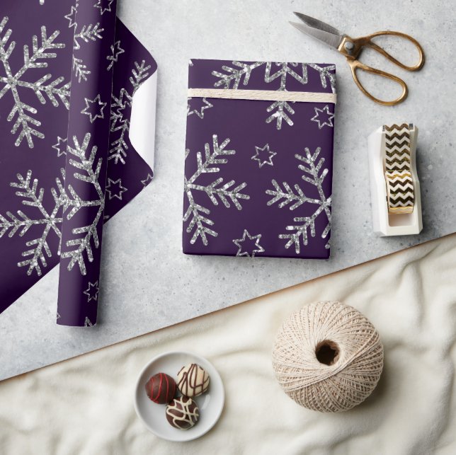 Papier Cadeau Élégant violet et flocons de neige argenté Noël (Artisanat)