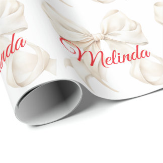 Papier Cadeau Elegant White Bow red name  Christmas 
