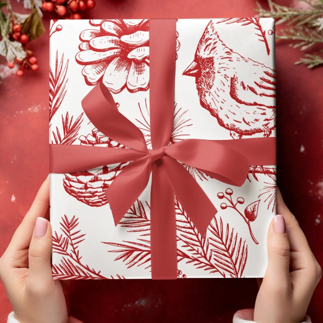 Papier Cadeau Elégant XL Red Cardinal Bird, pin, Berry d'hiver (Créateur téléchargé)