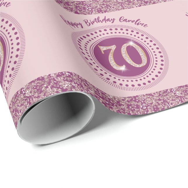 Papier Cadeau Elégante 70e anniversaire Rose Parties scintillant (Coin rond)