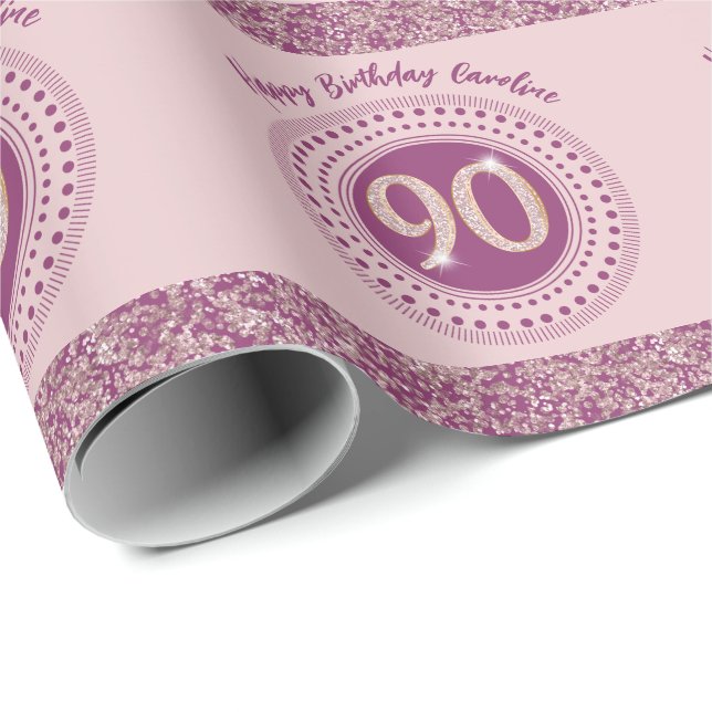 Papier Cadeau Elégante 90e anniversaire Rose Parties scintillant (Coin rond)