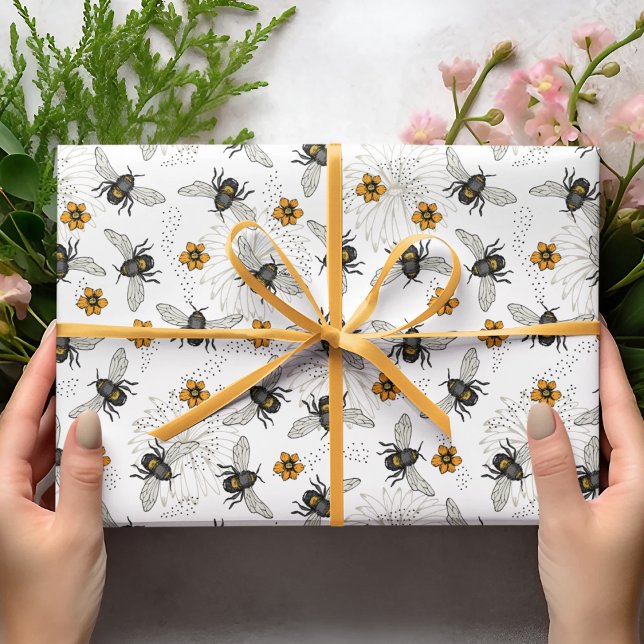 Papier Cadeau Élégante abeille au miel, marguerites à la crème e (Créateur téléchargé)