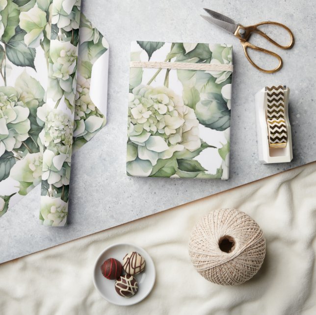Papier Cadeau Elégante aquarelle blanche vert hydrangée florale (Artisanat)