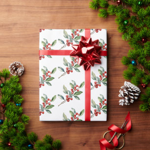 Papier Cadeau Elégante aquarelle de Noël Botanique Rouge Vert