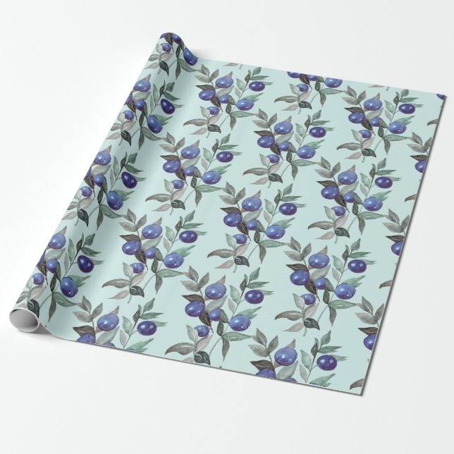Papier Cadeau Elégante aquarelle Festive Bleu Berries sur Bleu (Déroulé)