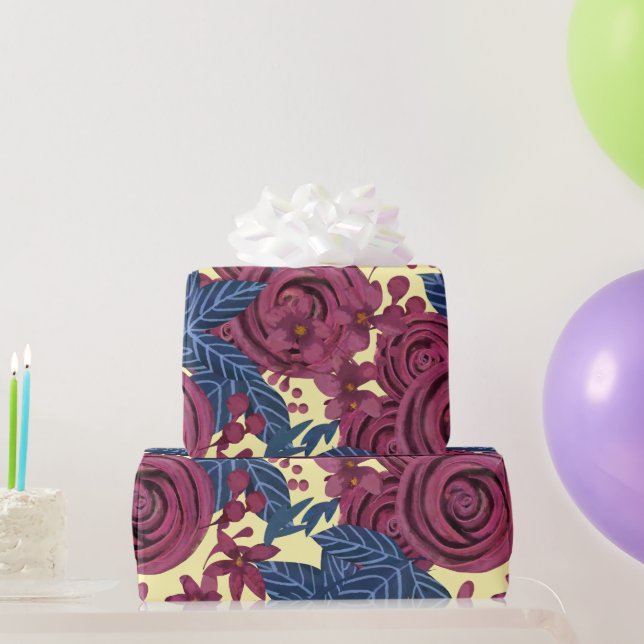 Papier Cadeau Elégante aquarelle florale bordeaux de la marine (Cadeaux de fête)