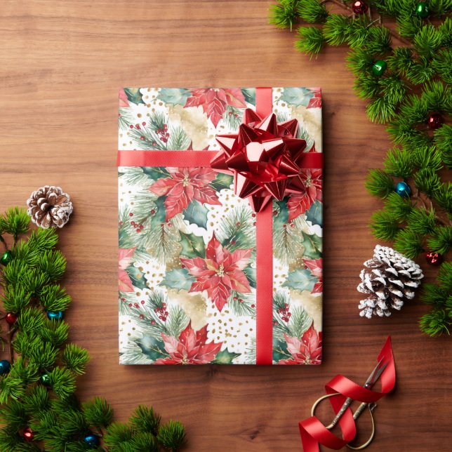Papier Cadeau Elégante aquarelle or rouge poinsettia Noël (Cadeau de vacances)