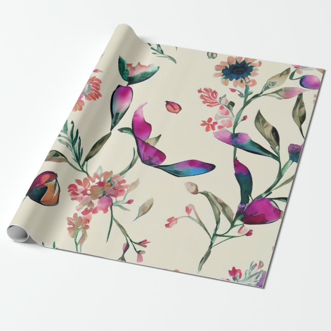 Papier Cadeau Elégante aquarelle peinte à la main violet floral (Déroulé)