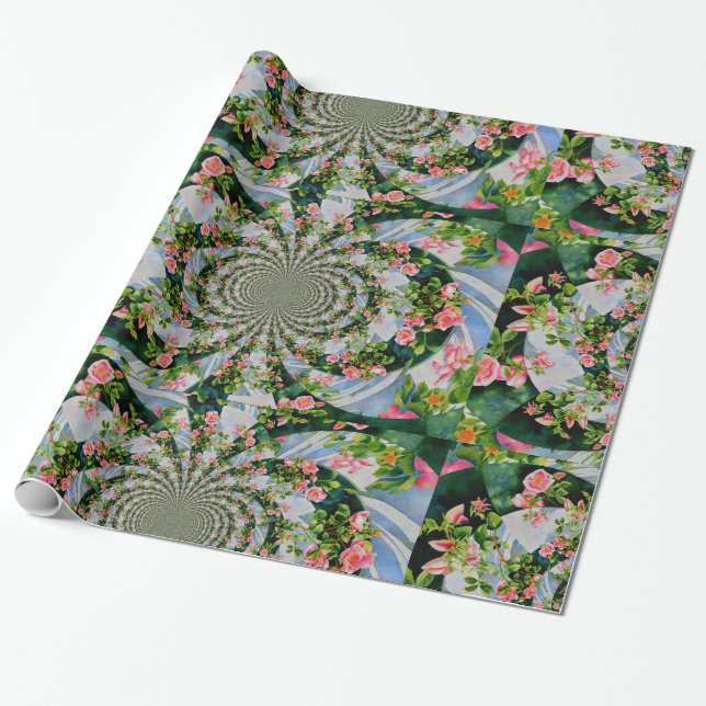 Papier Cadeau Elégante aquarelle rétro boho rose floral (Déroulé)