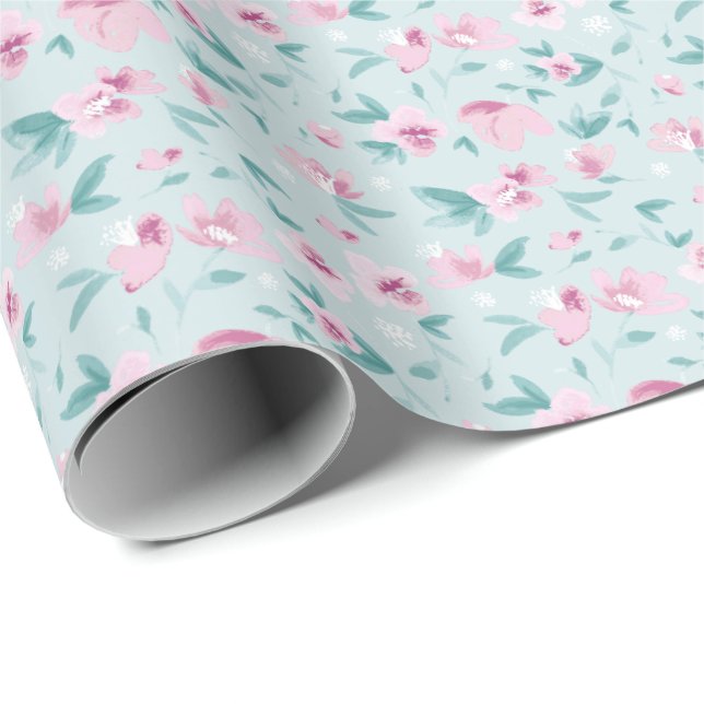 Papier Cadeau Elégante aquarelle rose mousseux motif floral (Coin rond)