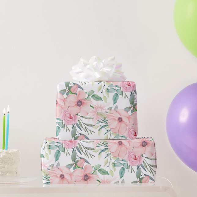 Papier Cadeau Elégante Aquarelle rose pâle Feuilles floraux blan (Cadeaux de fête)