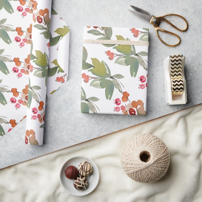 Papier Cadeau Elégante aquarelle Rouge Berry Noël Floral (Artisanat)