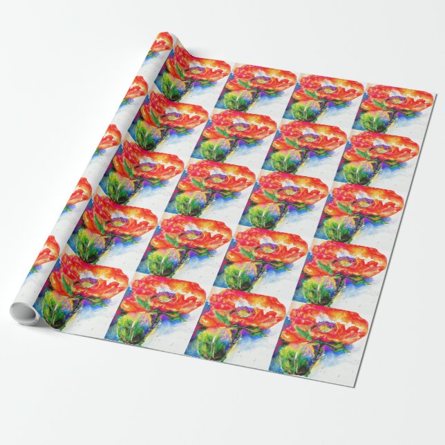 Papier Cadeau Elégante aquarelle rouge florale (Déroulé)