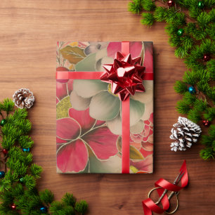 Papier Cadeau Elégante corail rouge vert or aquarelle fleurie