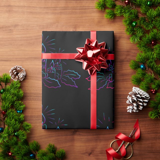 Papier Cadeau Élégante couronne de Noël et bougies néon noir (Cadeau de vacances)