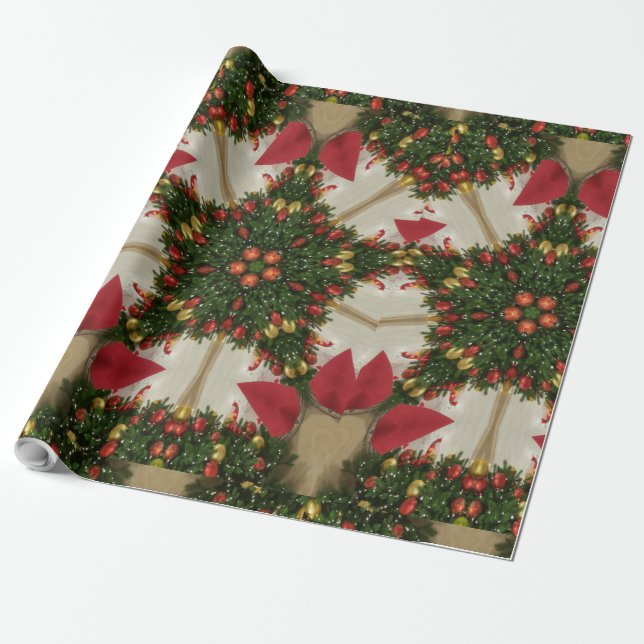 Papier Cadeau Élégante couronne de Noël Rouge Vert Kaleidoscopiq (Déroulé)