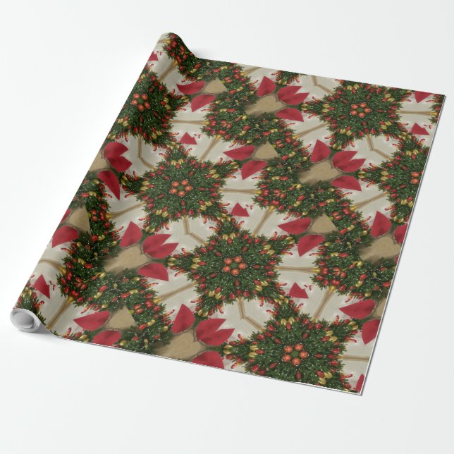 Papier Cadeau Élégante couronne de Noël Rouge Vert Kaleidoscopiq (Déroulé)