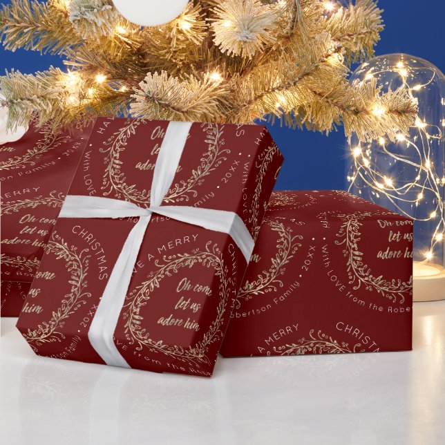 Papier Cadeau Élégante couronne de Noël Venez L'Adorer Rouge Or (Vacances)