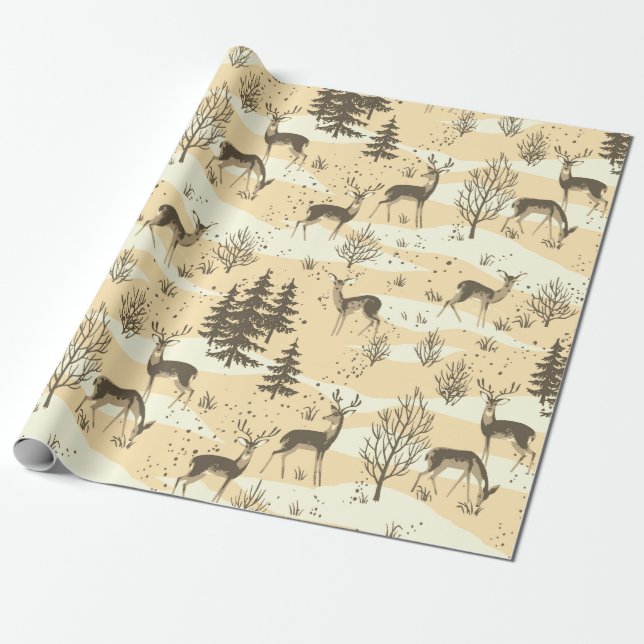 Papier Cadeau Elégante Crème Beige Rétro Cerf (Déroulé)