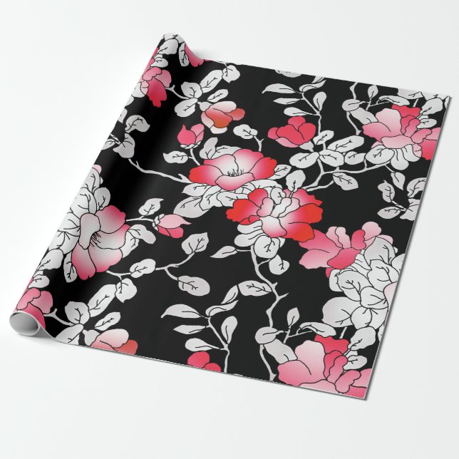Papier Cadeau Élégante découpage rouge blanc noir floral (Déroulé)