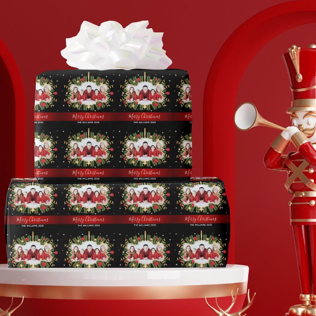 Papier Cadeau Elégante Famille de Noël Photo Black Red Custom (Créateur téléchargé)
