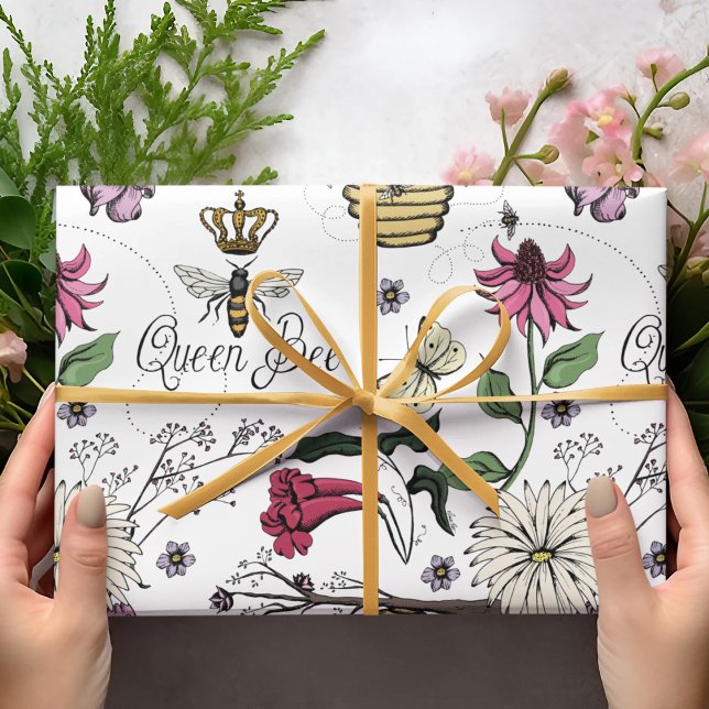 Papier Cadeau Elégante Fête des Mères Reine Abeille et fleurs (Elegant, colorful hand-drawn ink Queen Bee, bee hive and worker bees, golden crown and flowers.. :)))