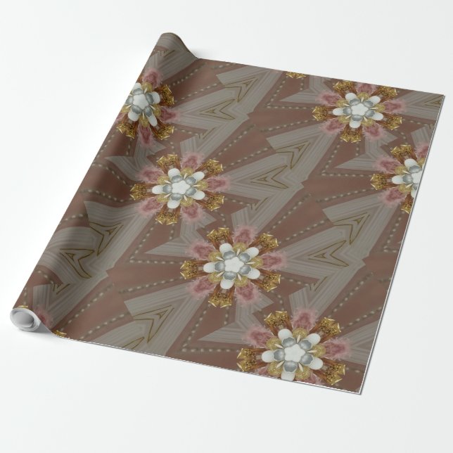 Papier Cadeau Élégante Fleur blanche d'or gris argenté rose anti (Déroulé)
