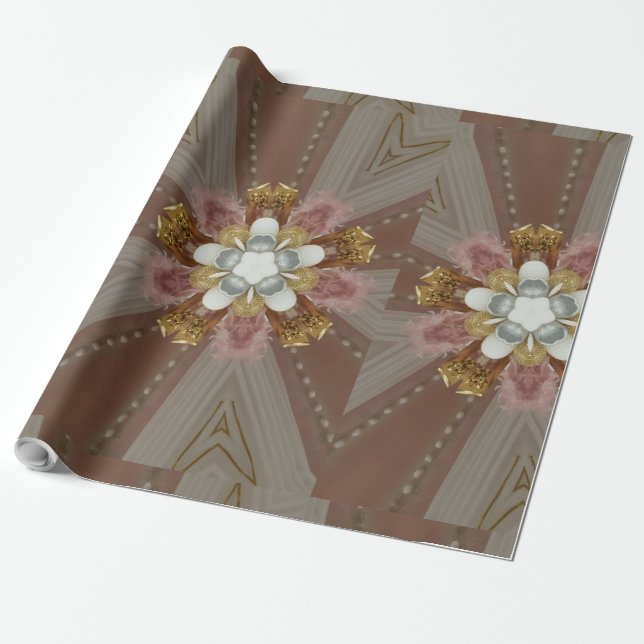 Papier Cadeau Élégante Fleur blanche d'or gris argenté rose anti (Déroulé)