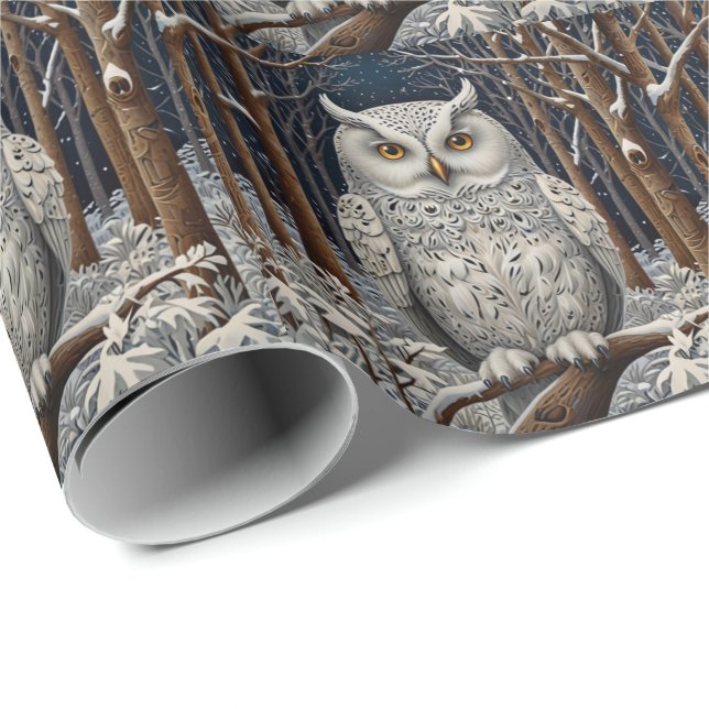 Papier Cadeau Élégante forêt d'hiver de chouette blanche boho (Coin rond)