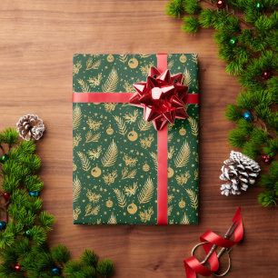 Papier Cadeau Élégante Forêt Verte et Or Enveloppement de Noël