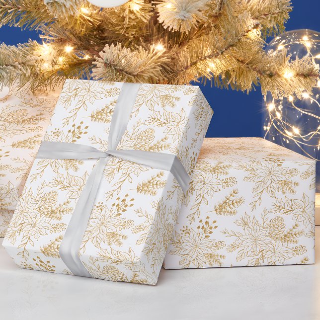 Papier Cadeau Élégante Gold Line Art Noël Floral (Créateur téléchargé)