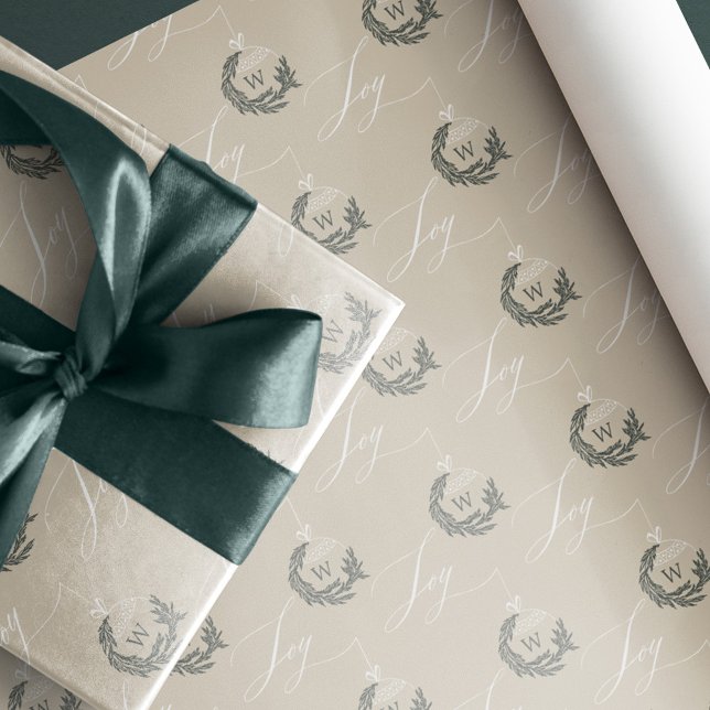 Papier Cadeau Élégante Joie Calligraphie Garland Wreath Monogram (Elegant Joy Calligraphy Garland Wreath Monogram Wrapping Paper)