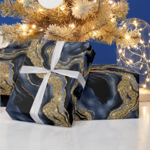 Papier Cadeau Elégante Marine Blue & Gold Parties scintillant Ag