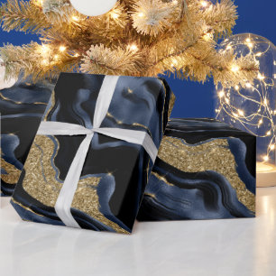 Papier Cadeau Elégante Marine Blue & Gold Parties scintillant Ag